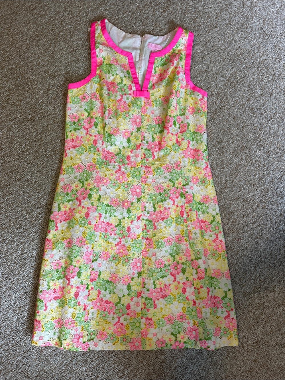 Lilly Pulitzer Yellow Floral Sleeveless Shift with Hot Pink Trim